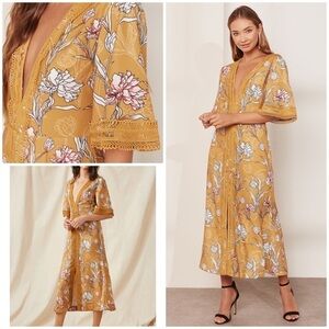 NWT Finders Keeper Rotation Marigold Floral Lace V Neck Midi Dress​​​​​
